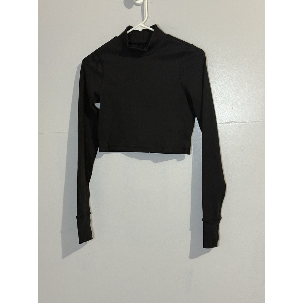 Offline By Aerie Women's Black Ribbed Mockneck Cropped Long Sleeve Workout Sz XS
